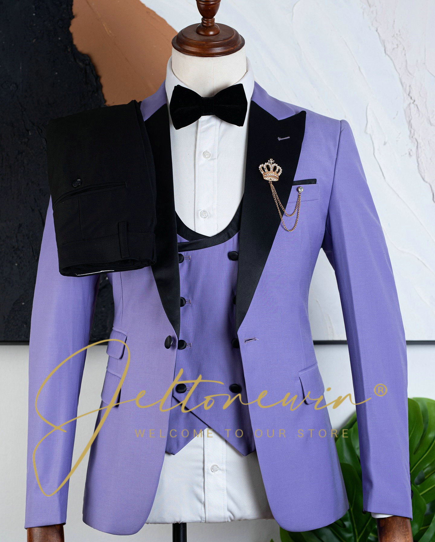 Men Formal Wear Purple - Heren paarse driedelige smokingpakset met zwarte