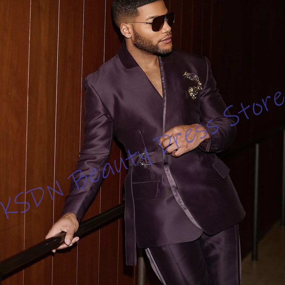 Men Formal Wear Purple - Elegant paars satijnen herenpak tweedelig (jas