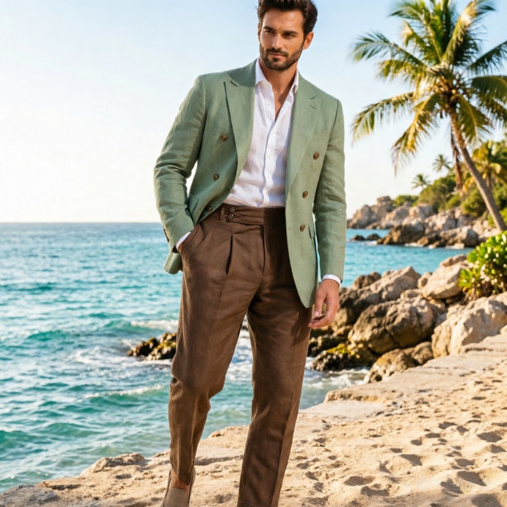 Men'S Holiday Formal Wear - 2-delig beige linnen herenpak, dubbelrijdig, elegant